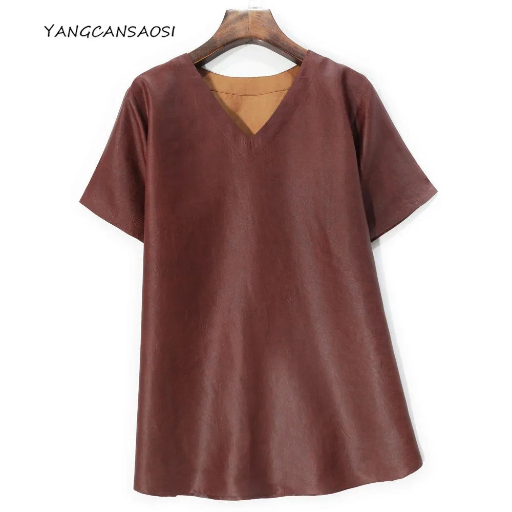 

Женская модная одежда в стиле ретро, 100% натуральный шелковый шелк тутового дерева, гамбургерная марля Гуандун, красная облачная пряжа, футболка с v-образным вырезом и короткими рукавами