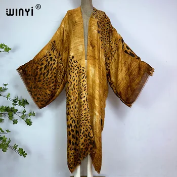 Winyi Zomer Bohemien Luipaardprint Strandkleding Zwempak Cover Europa Damesvest Kleurrijk Sexy Vakantie Kimono Met Lange Mouwen