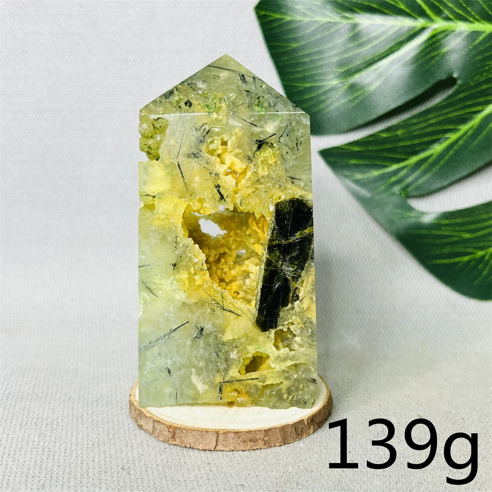 Natural Gem Green Grape Agate & Tourmaline Symbiotic Tower Mineral Specimen Home Room Decoration Stone with Crystal Healing