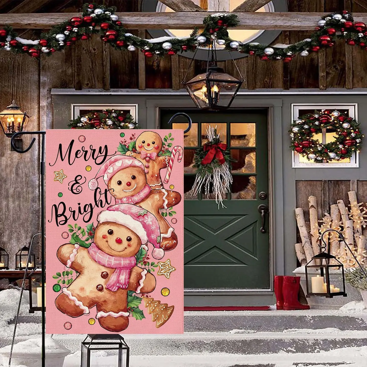 Baccessor Christmas Gingerbread Man Garden Flag 12.5x18 Inch Double Sided Candy Cane Pink Merry and Bright Holly Berries Sma UUN