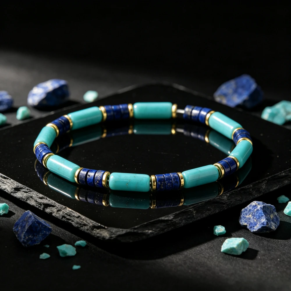 1pc Extremely simple style natural sea blue stone lapis lazuli long tube bead bracelet, daily jewelry gift for men and women