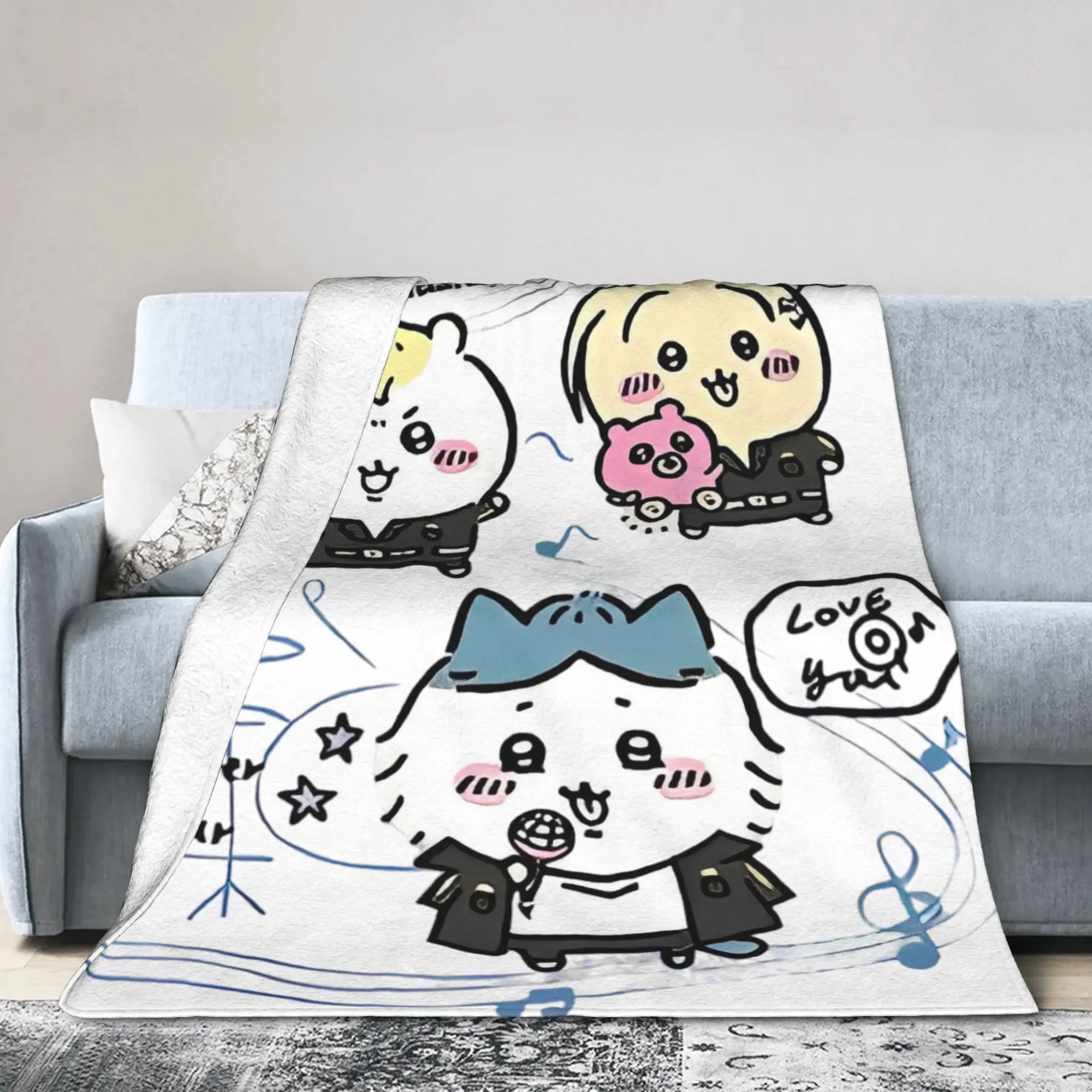 Chiikawas Usagi Music Flannel Blanket  Funny Throw Blankets for Bed Sofa Couch 125*100cm Quilt,