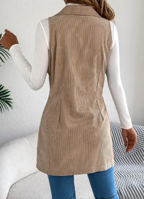Autumn and Winter 2025 Solid Color Double Breasted Pocket Corduroy Vest, Women's Lapel Slim Fit Commuting Sleeveless Vest Jacket