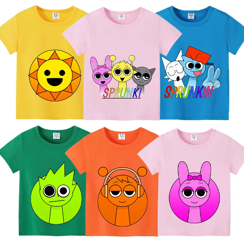 Sprunki T-shirt for Boys Girls Incredibox Cartoon Clothes Fashion Anime Figure Print Clothing Tops Kids Pink Summer Tee Gift