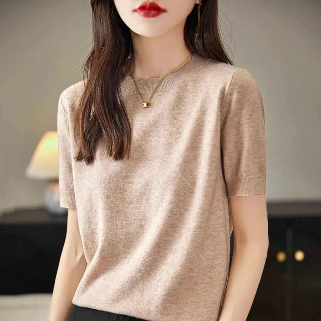 

Spring Women's Short Sleeve round Neck Sweater Korean Style Bottoming Wool Top for Ladies