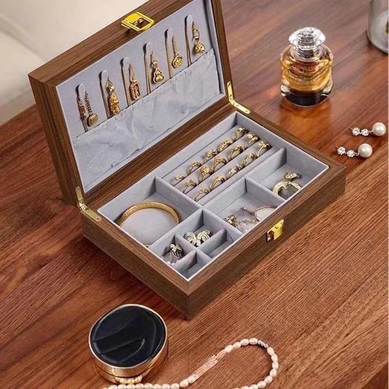 الجوز اللون صندوق مجوهرات فاخر الرجعية حلقة صناديق التخزين القلائد المحمولة القرط سوار عرض حالة منظم المجوهرات