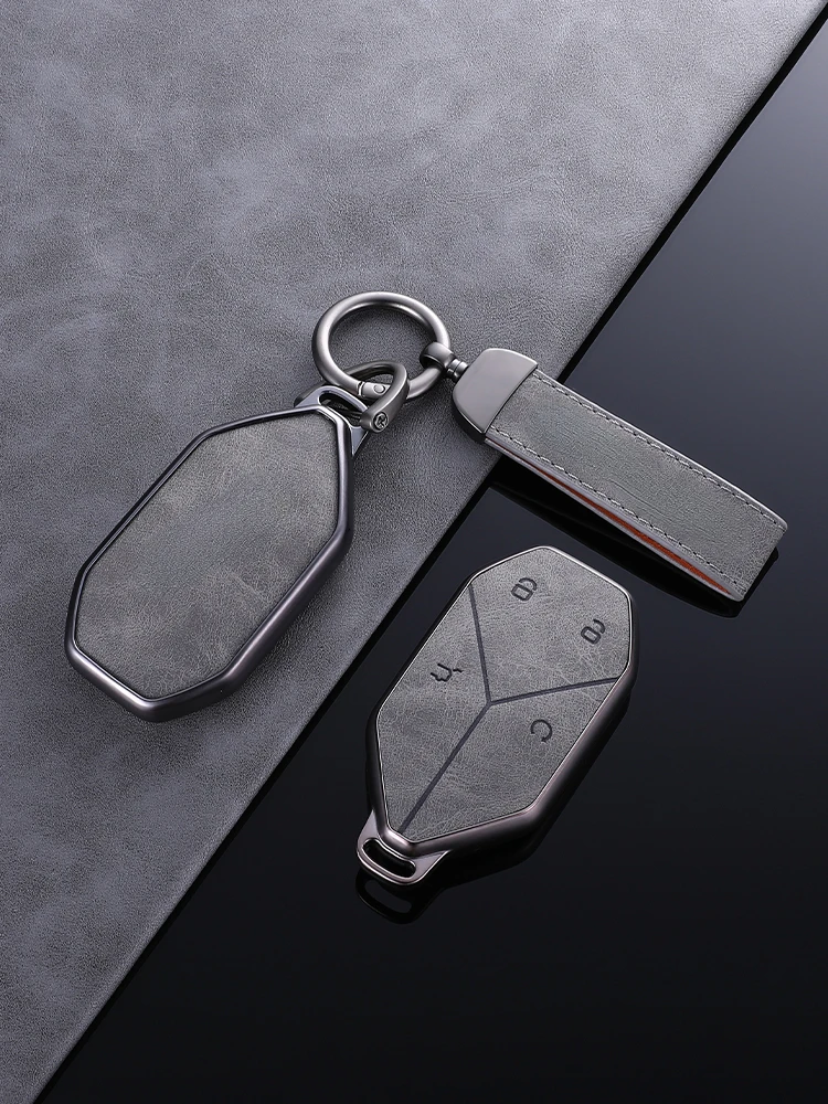 Suitable For BYD Leopard 5 2023 Simple Style Handmade Grey Leather + TPU Car Remote Key Case Cover