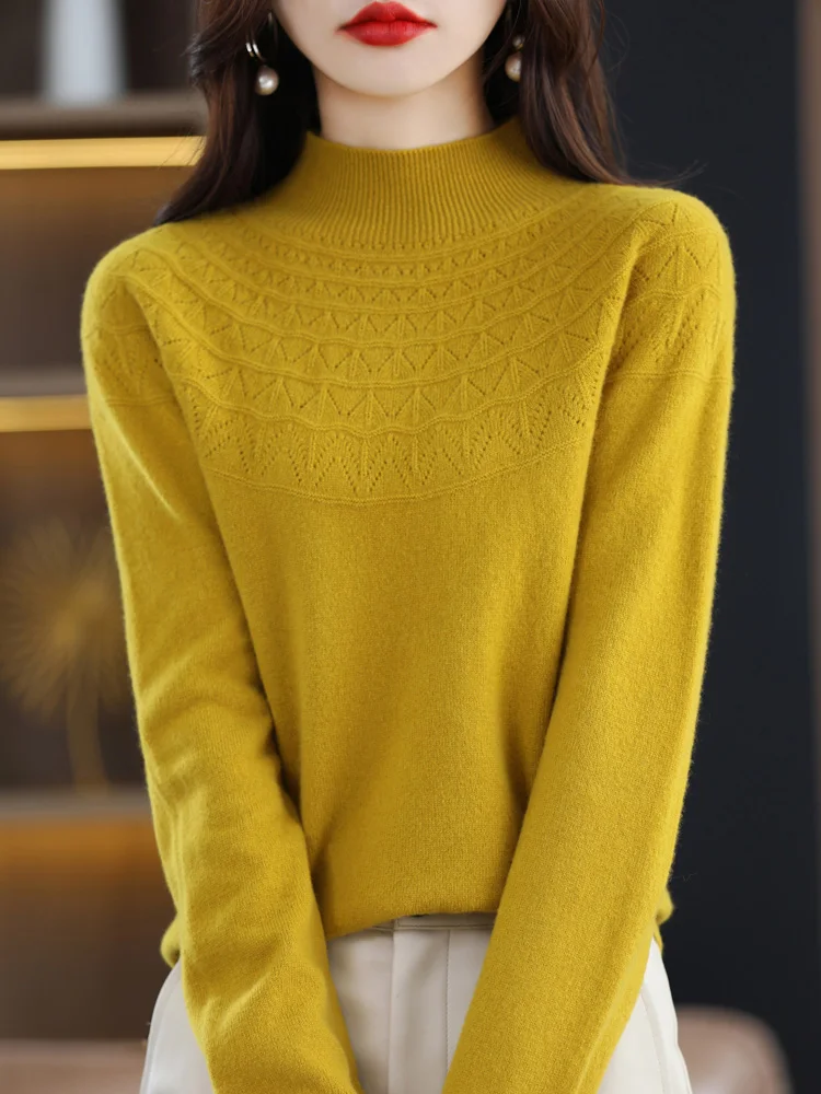 Yoyoselect 100% Wełna Merino Damski Sweter z Wycięciami, Golf, Jesienno-Zimowy, Gruby, Podstawowy Dzianinowy Produkt Odzieżowy