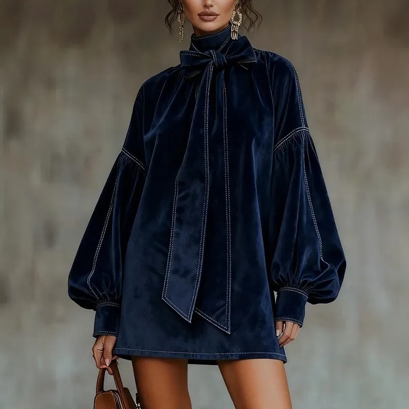 American Retro High Collar Lantern Sleeve Long Sleeve Bow Tie Elegant Velvet Women Mini Dresses Casual Autumn High Street Dress