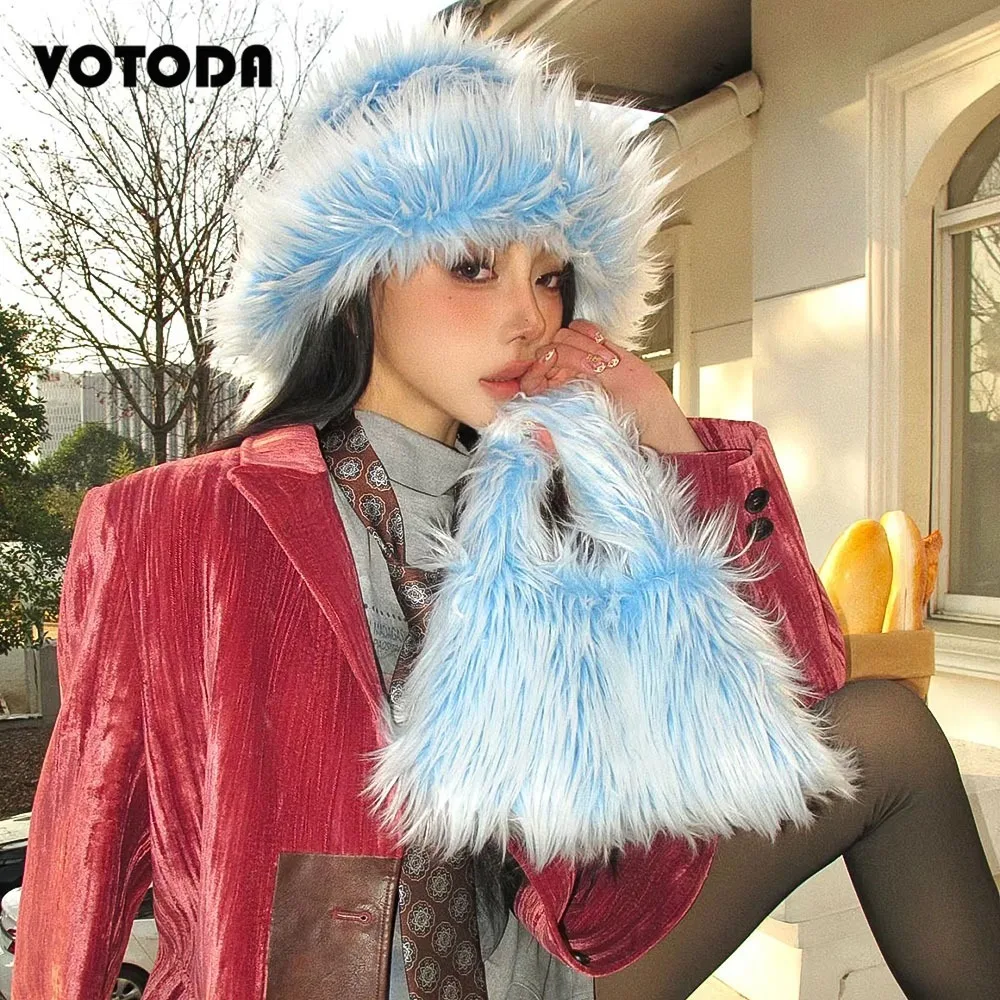 New Mongolian Fur Bucket Hat Handbag Set Women Furry Faux Fur Hat Long Hair Gradient Clutch Bag Luxury Fur Tote Hat Plush Set