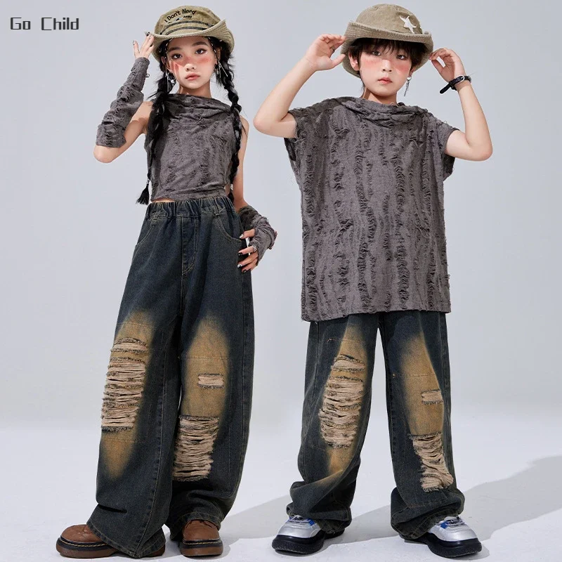 Boys Hip Hop Wasteland Punk Hoodies Ripped Denim Pants Girls Crop Top Jeans Child Streetwear Costume Kids Jazz K-pop Clothes Set