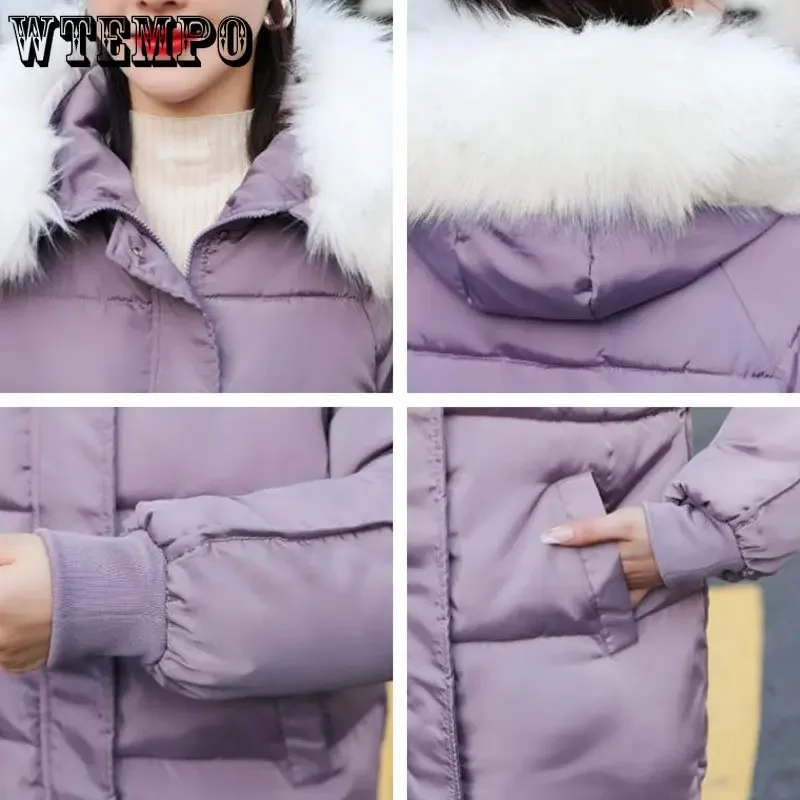 Wtempo sólido com capuz parkas feminino inverno manga longa zíper casacos curtos senhora casual gola de pele quente algodão acolchoado jaquetas