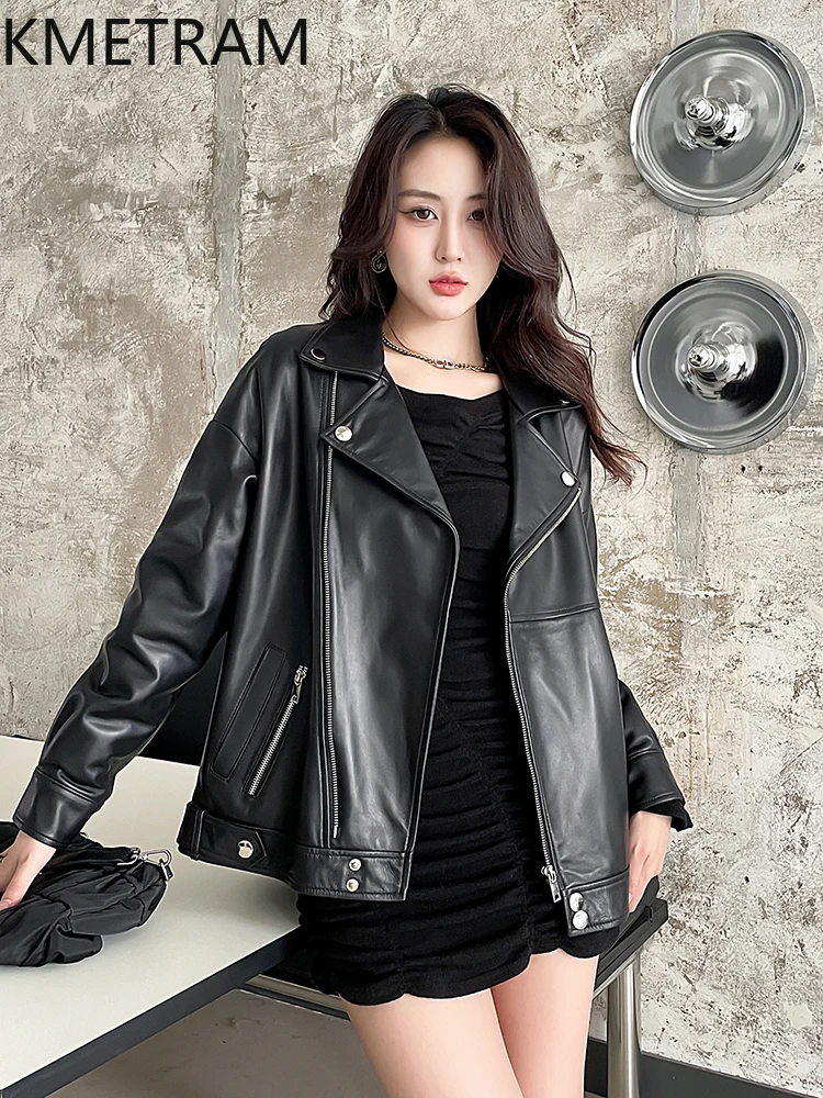Damska kurtka motocyklowa ze skóry owczej licowej, czarna, skórzana, nowa kolekcja odzieży wierzchniej na jesień 2025, дубленка