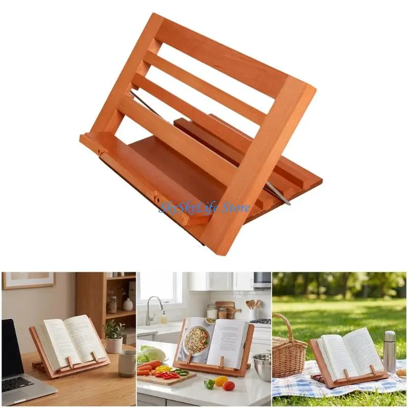 E65E Adjustable Foldable Wooden Reading Stand with Page Clip for Tablets Textbooks