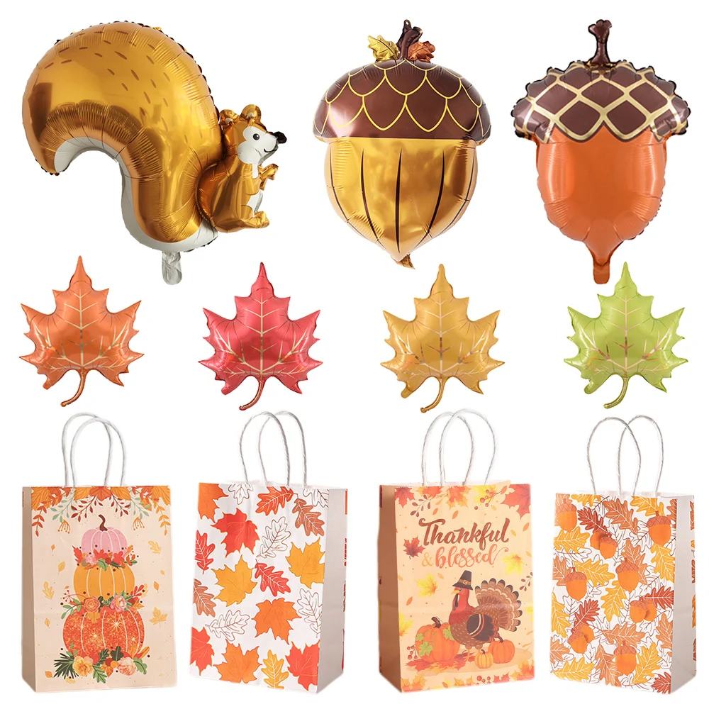Bolsas Kraft de calabaza y hoja de arce de Acción de Gracias, bolsas de regalo de papel con asas, globos de bellota y ardilla, decoraciones para festivales de regalo de otoño, 5 uds.