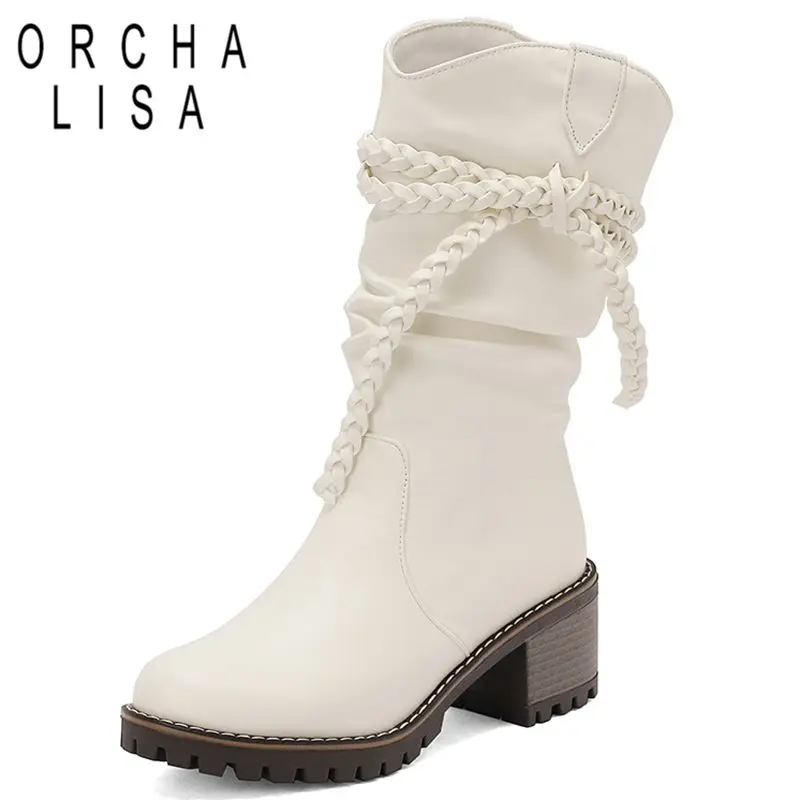 

ORCHA LISA Горячие женские сапоги до середины икры с круглым носком 6 см на массивном каблуке без шнуровки с узлом-бабочкой размера плюс 40 41 42 43 Sweet Girls Winter