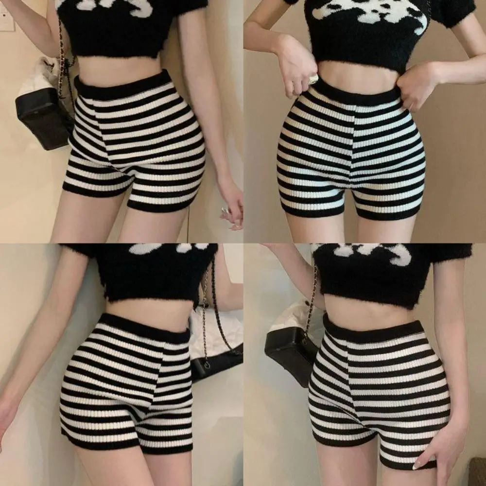 

Spring Summer New Design Knitted Shorts Stripes Contrasting Colors Pants Black White Trousers