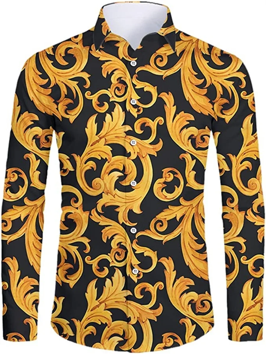 Men's Shirts Retro Casual Floral Gold HD Printing Spring Summer Lapel Long Sleeve Tops Fashion Trend 2023 Tops