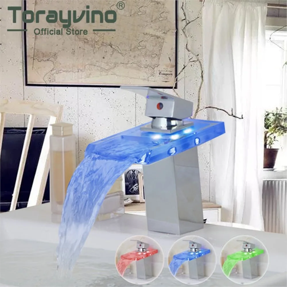 

Torayvino Bathroom Faucet LED Light Waterfall Glass 3 Colors Chrome Deck Mounted Sink Basin Faucets Mixers Water Taps