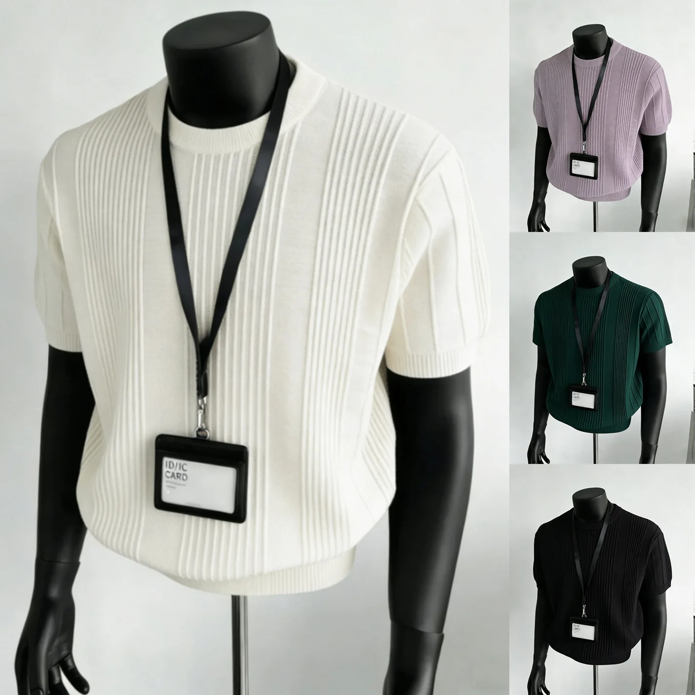 Summer knitted sweater short-sleeved T-shirt men's striped crew neck solid color ice silk men's short-sleeved T-shirt