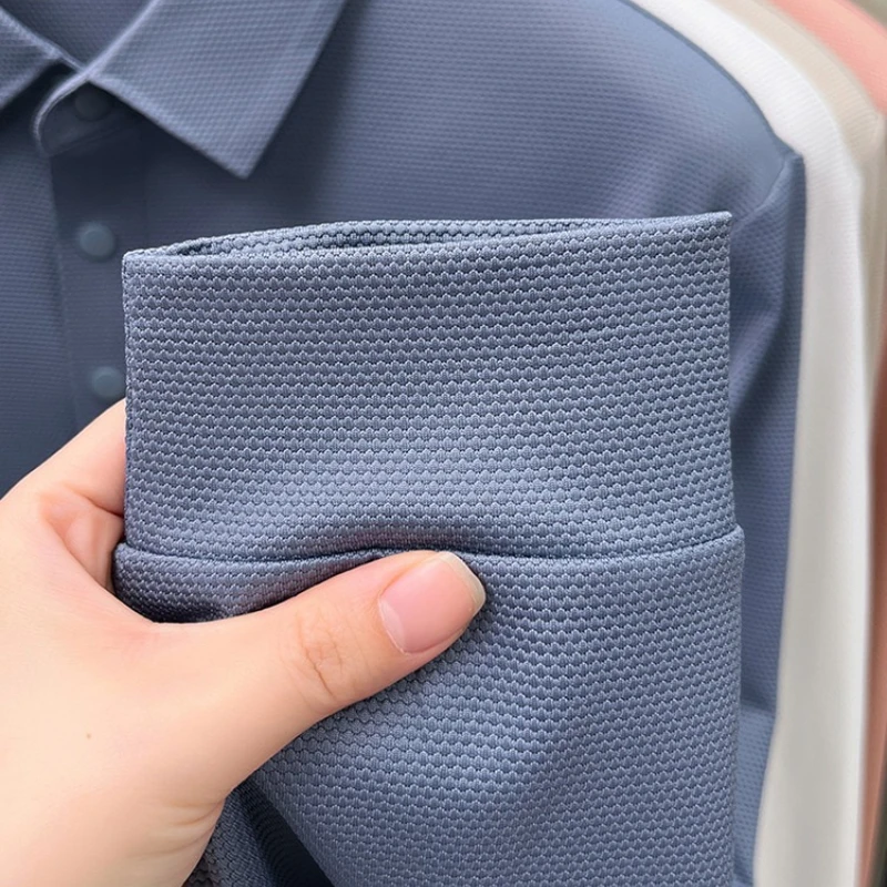 

Мужская бесшовная трикотажная рубашка поло для гольфа с текстурированным рисунком ананаса ​ Эластичная футболка с длинными рукавами, повседневная одежда