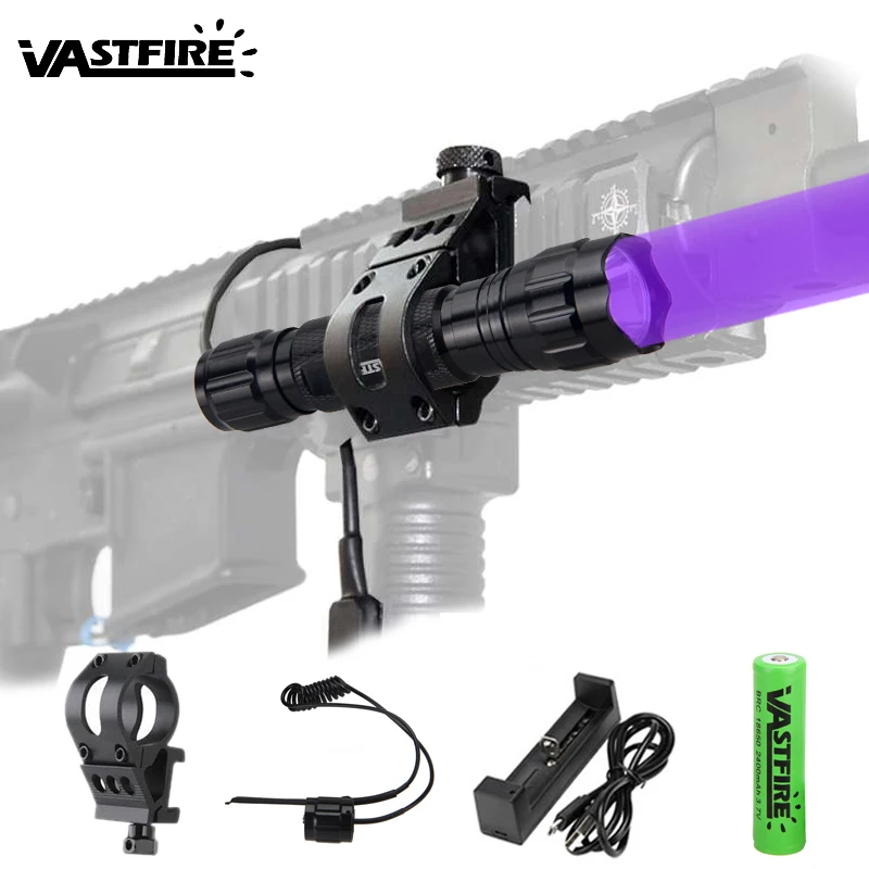 

501B LED Tactical Purple Flashlight Airsoft UV Hunting Rifle Gun Light+Pressure Switch+20mm Rail Barrel Mount+18650+Charger