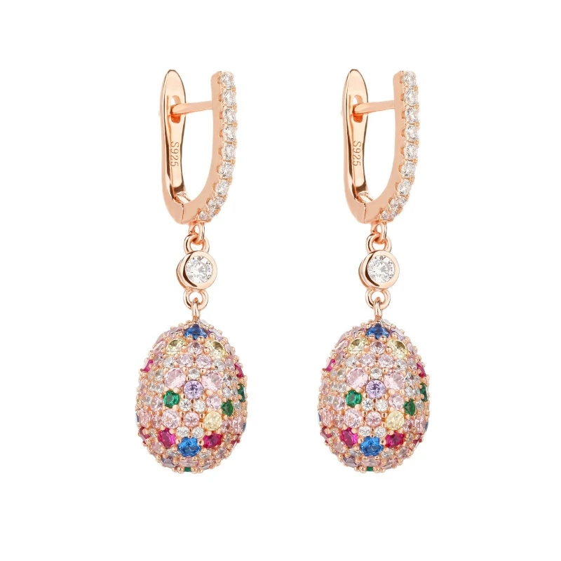 

BELLUX Colored Gemstone S925 Pure Silver Earrings with Unique Design Rose Gold Synthetic Zircon Oval Earrings