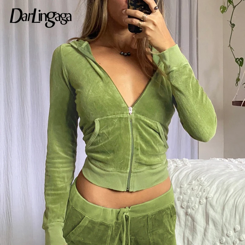 Darlingaga Streetwear Velvet Autumn Jacket Women Slim Zip-Up Fashion Basic Solid Pockets Coat Outwear Hooded Zipper Jackets Chic