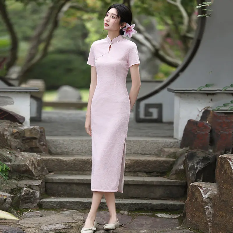 

Spring Summer Pink New Chinese Suzhou Long Cheongsam Improved Young Style 2026 New Female Qipao Dress