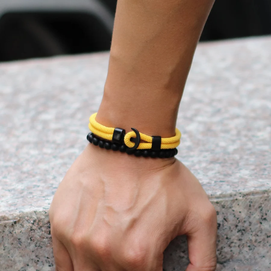 Novel 2Pcs Men Bracelet Set Black Anchor Braslet 6mm Onyx Stone Beaded Braclet Gift For Him Outdoor Sports Cycling Accessories