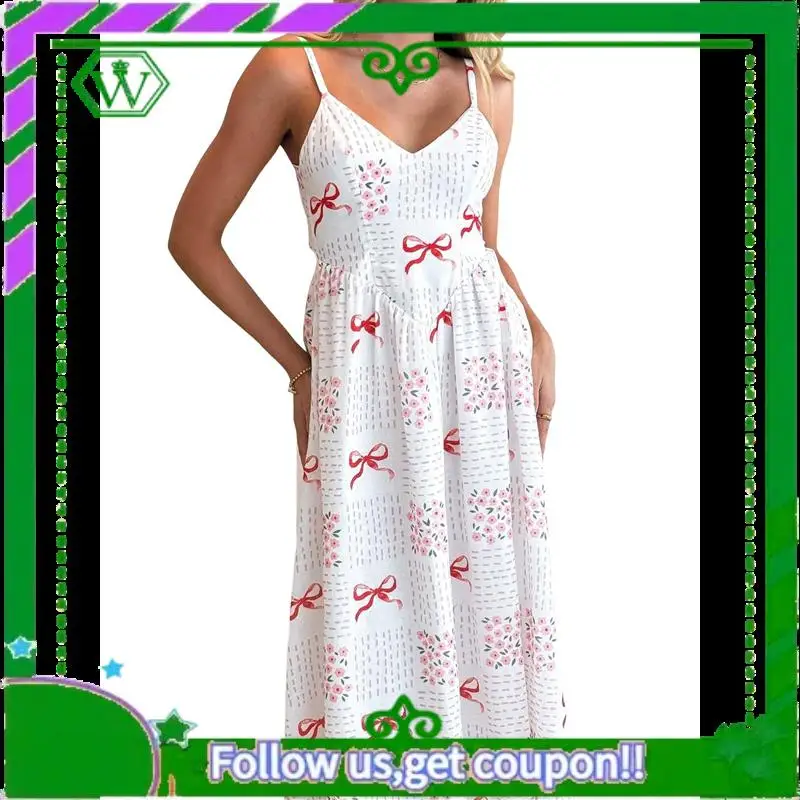 A18P-Vestito lungo estivo da donna 2025, abito lungo da spiaggia Boho con smock floreale senza maniche
