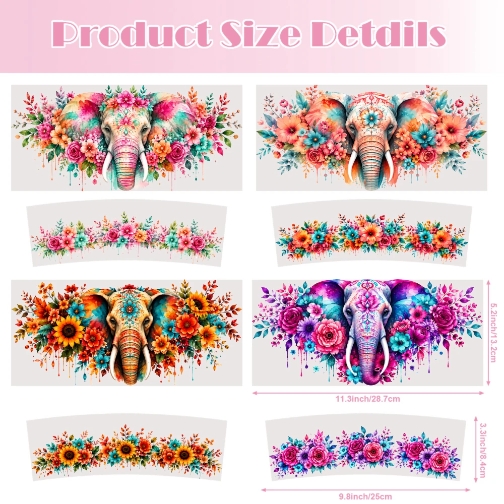 4 Sheets Floral Elephant Art UV DTF Stickers for 40oz Tumblers UV DTF Adhesive Waterproof DIY Decals Decorative Transfer Paper