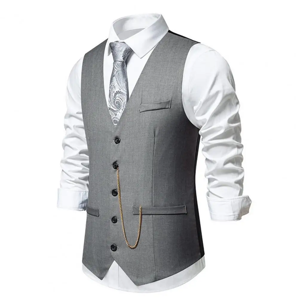 

Men Formal Vest Elegant Men's V-neck Waistcoat with Chain Detail for Wedding Party Slim Fit Suit Vest Coat for Spring Events Men