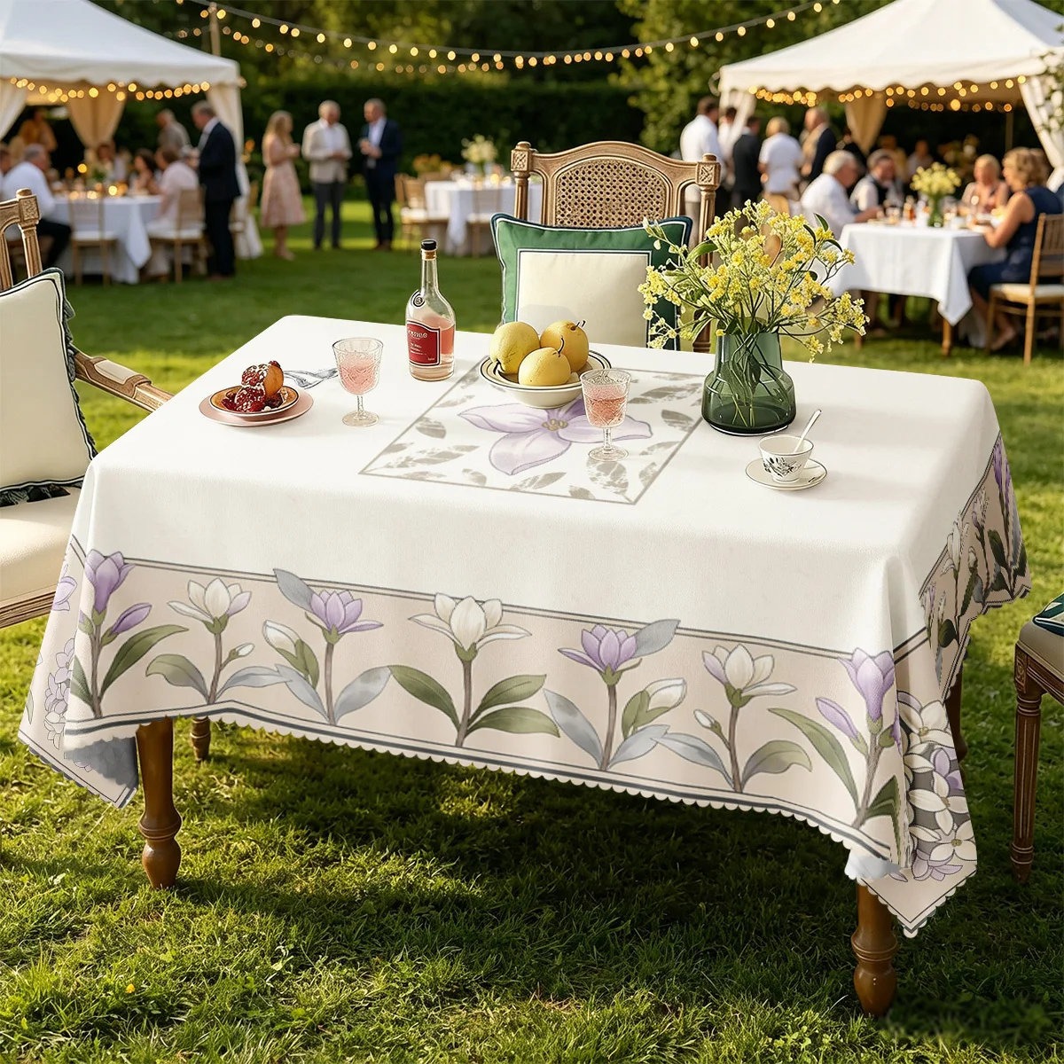 Tablecloth Table Cover, 2D Flat Soft Fabric, Purple White Floral Lilac Blossom Green Leaf Pattern Beige Background