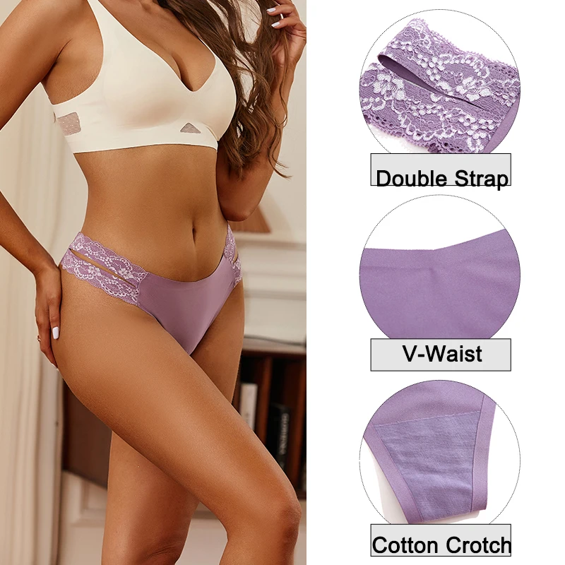 5PCS Sexy Women Double Lace Waist Band V-Waist Seamless G-string Traceless Thongs Low Rise Solid Color Female Underwear Lingerie