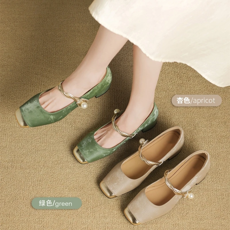 

Women Mary Jane Pumps 2026 New Square Toe With Pearl Strap Low Block Heel In Green And Apricot Color For Casual And Formal Wear