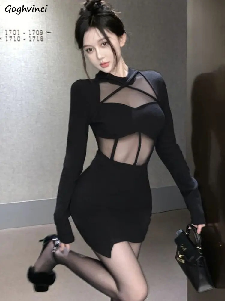 Sheer Dresses Women Sexy Mujer Korean Style Temperament Half High Collar Fashion Popular Slim Spring Side-slit Elegant Ulzzang