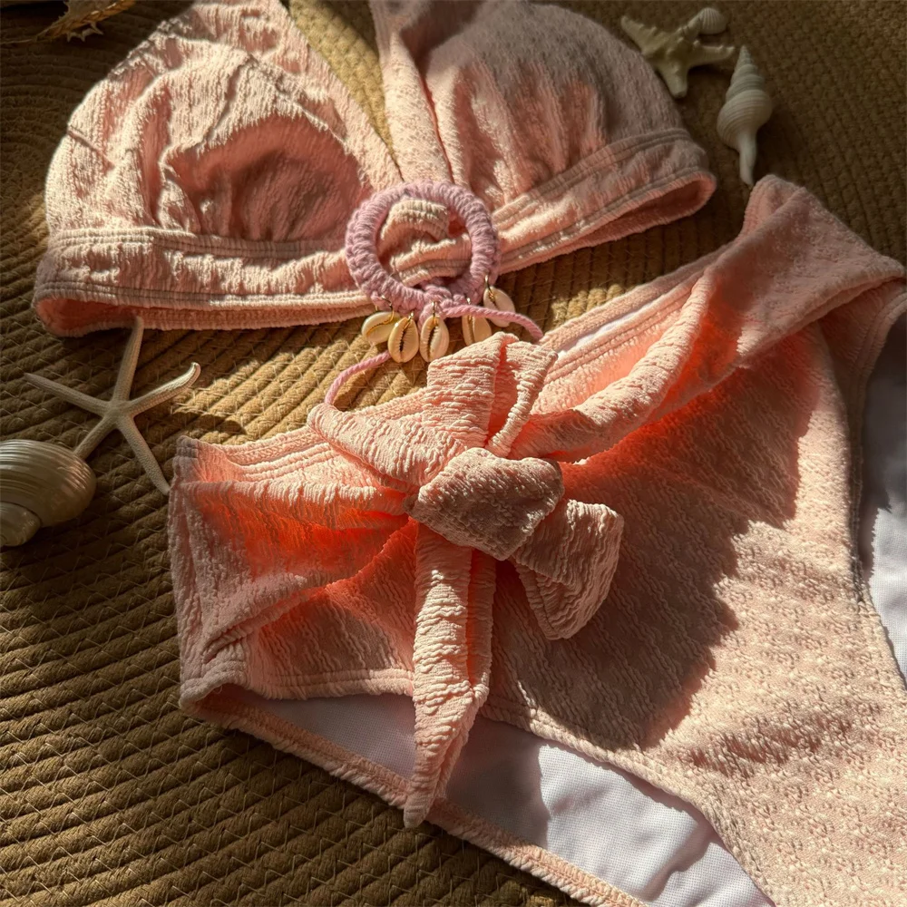 Sexy Shell Rings Bandage Swimsuit Push Up Bikini Halter Backless Swimming Suit Women Vacation Outfits Beachwear Bathing Swimwear