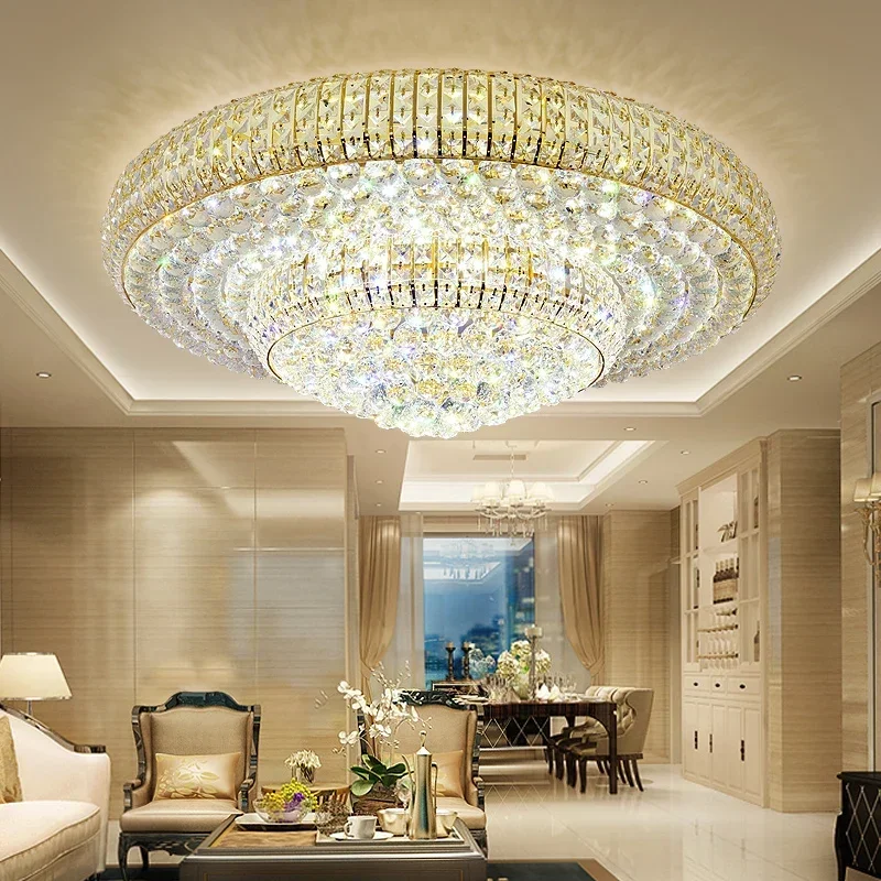 

New Modern Gold Round LED Crystal Ceiling Lamp 80cm 100cm With K9 Crystals For Living Room Lobby Lighting