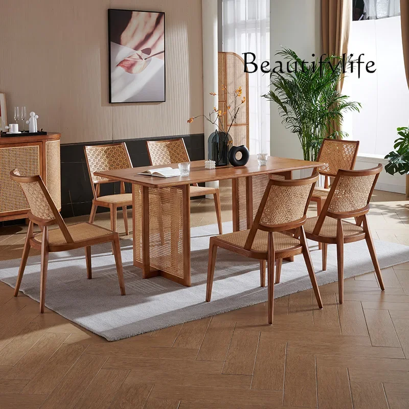 

Nordic Solid Wood Rattan Home Dining Tables and Chairs Set Modern Minimalist White Wax Small Apartment Dining Table