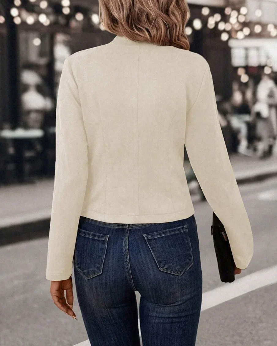 Damen-Blazer mit Stehkragen, offener Front, doppelter Knopfleiste auf beiden Seiten, langen Ärmeln für den täglichen Freizeitgebrauch. – Detail 23