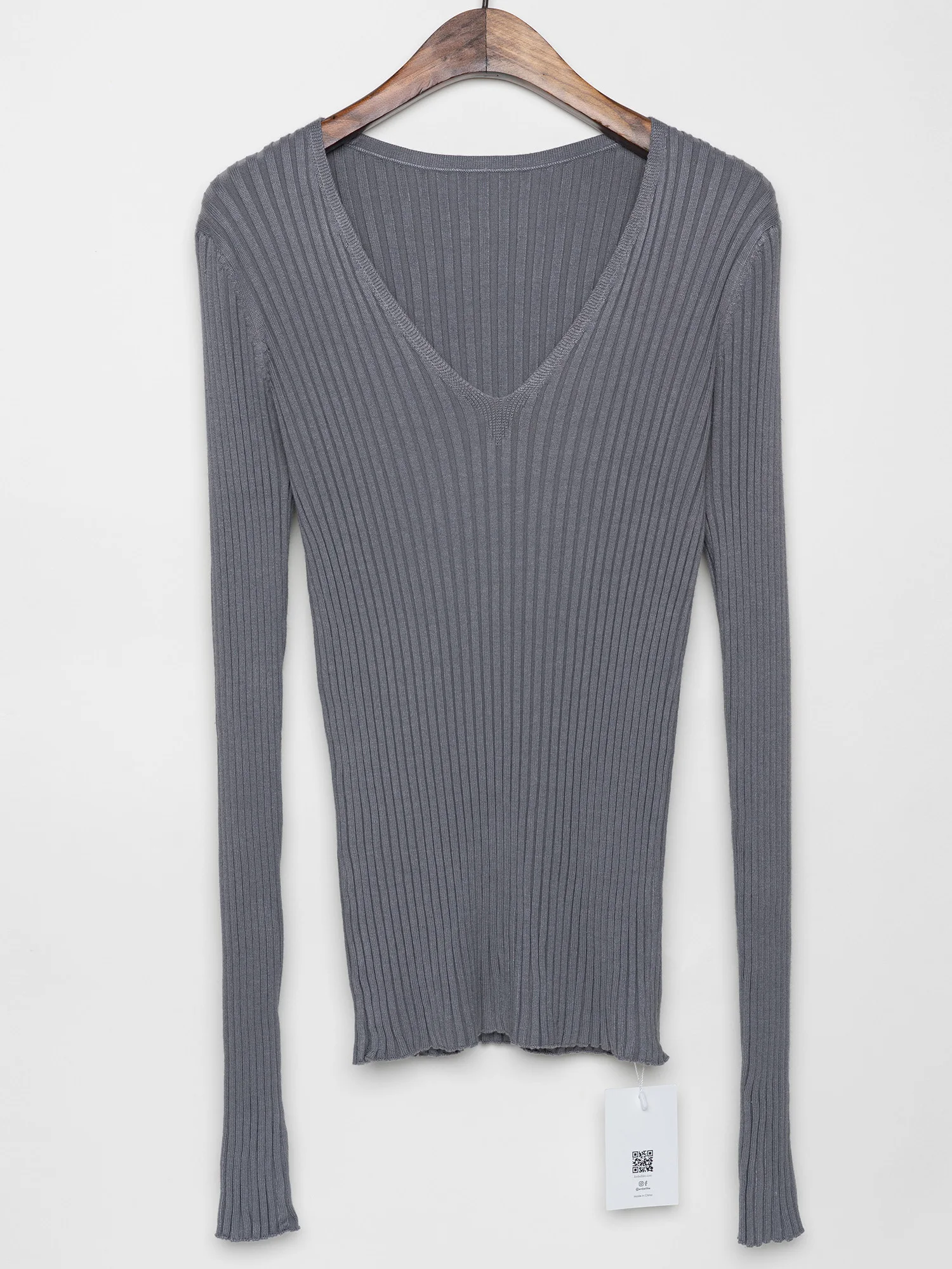 Women Ribbed V Neck Sweater Pullovers Basic Cotton Knitted Tops Slim Fit With Thumb Hole