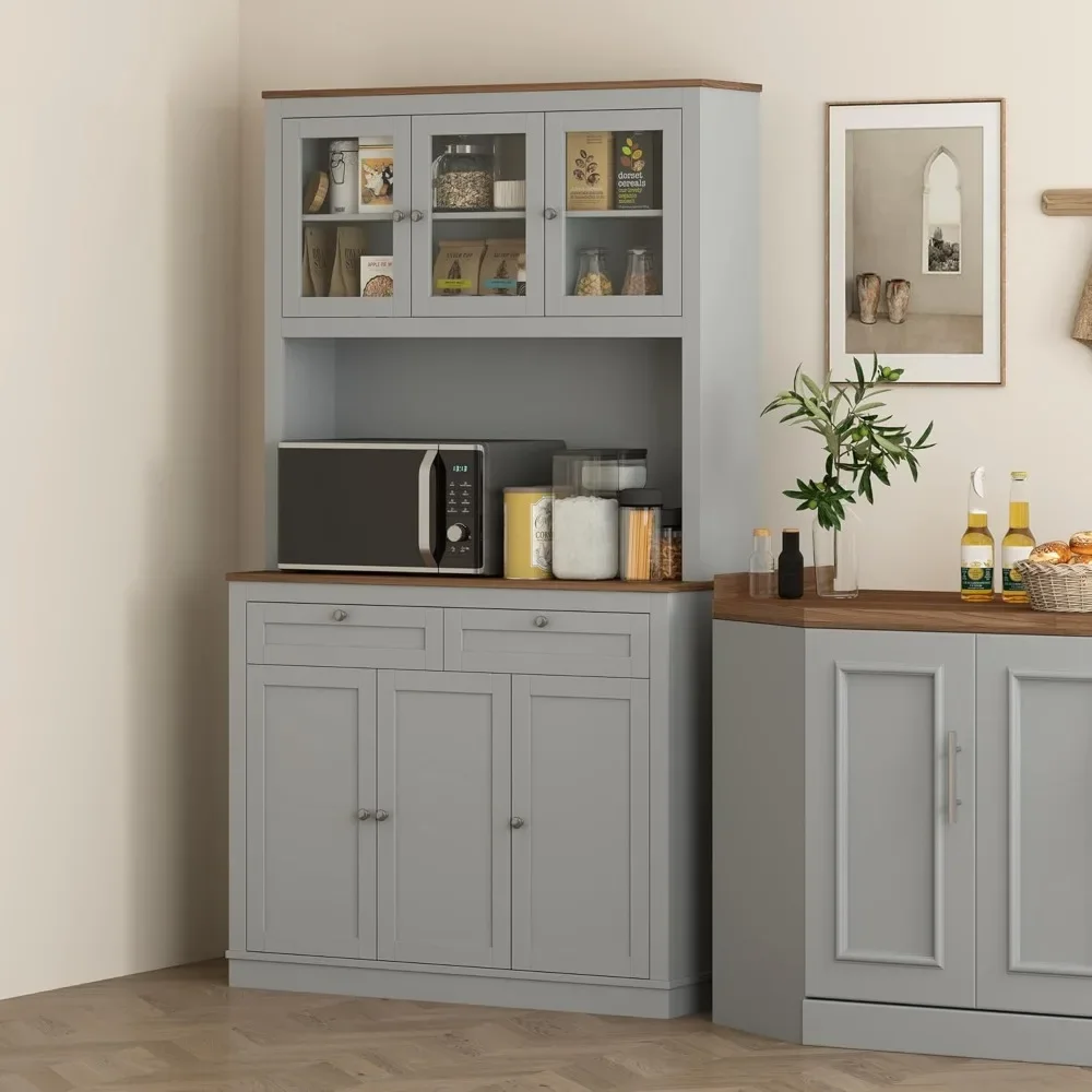 

71" Tall Freestanding Kitchen Pantry Hutch with Microwave Stand – 2 Drawers, Adjustable Shelves & Bar Cabinet Features