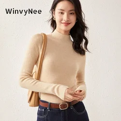 WinvyNee Kaszmirowe Swetry Damskie Długi Rękaw Slim Mock Neck Wełna Merino Casual Swetry Solidna Dzianina Pullover Jesień A 1044003