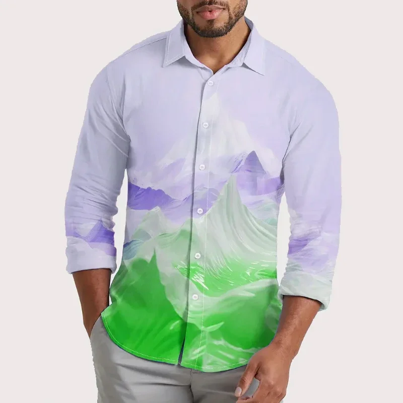 Camisa de manga larga con pintura de paisaje, cárdigan informal con botones de solapa y personalidad a la moda, XS-6XL de gran tamaño, novedad de 2024