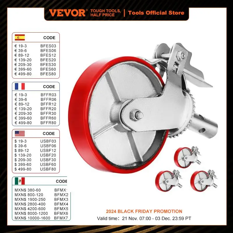 VEVOR Set Of 4 Scaffolding Non Marking Polyurethane Swivel Caster Wheels 1100lb Cap On Iron with Total Lock Brake Roller Bearing