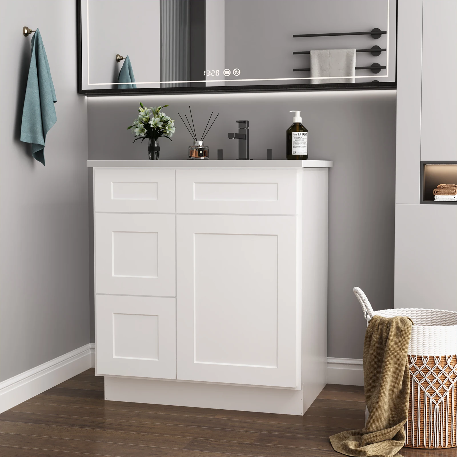 

SH.KL 30 in. W x 21 in. D x 34.5 in. H in Shaker White Plywood Ready to Assemble Floor Vanity Sink, Bathroom Furniture, Vanities