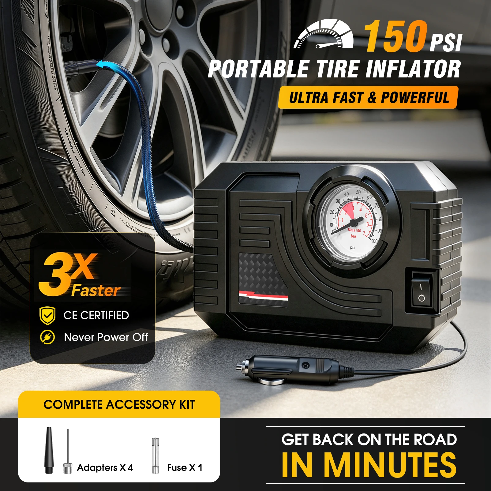 CARSUN Portable Car Air Pump 12V 90PSI Analog Tire Inflator Mechanical Gauge LED Light 3M Cord for Motorcycle Bicycle Ball CE