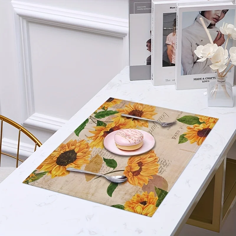 VIKAMA Vintage Sunflower Placemat Floral Print Linen Table Mat Farmhouse Style Heat Resistant Dining Table Decor