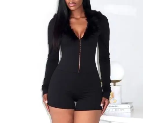 

Autumn New Solid Color Deep V-Neck Fur Collar Decoration Waist Slimming Concealed Buckle Tight Long Sleeved Jumpsuit